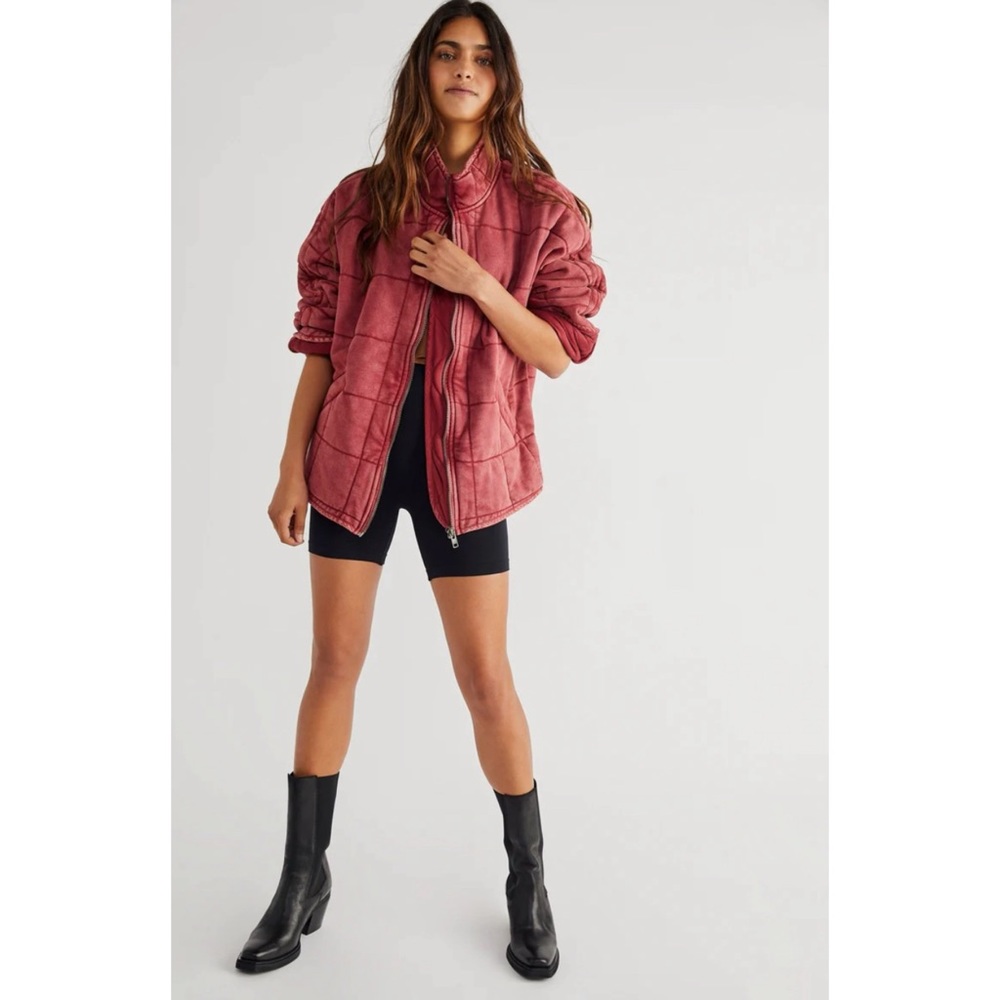 Free People Quilted Bomber Jacket Knitted Dolman Coat Cherry Juice XS - Picture 15 of 16